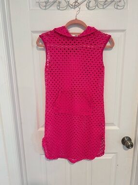 Cotton Candy Hot Pink Hooded Crochet Beach Coverup Size S